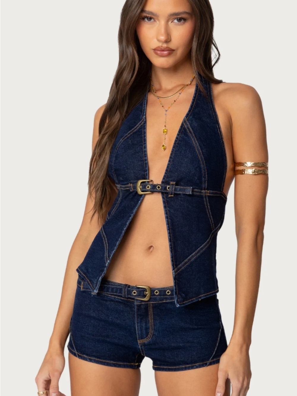 Denim Halter Top and Shorts Set in Dark Blue edikted!!